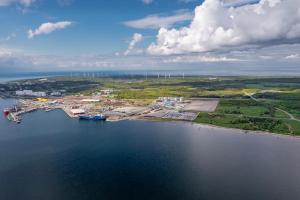an aerial view of a port on a body of water at THH Apartments in Tallinn