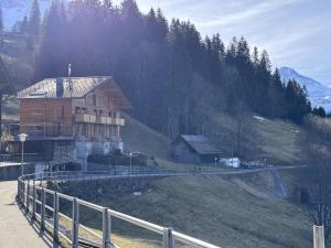 a building on the side of a hill with a fence at Chalet Roossi 4 in Wengen