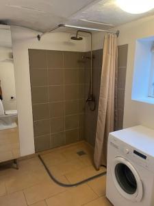 a bathroom with a washing machine and a shower at Hyggeligt gæstehus in Kjellerup +9 photos