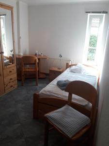 Schlafzimmer mit einem Bett, einem Schreibtisch und einem Stuhl in der Unterkunft Hotel Panorama in Wees