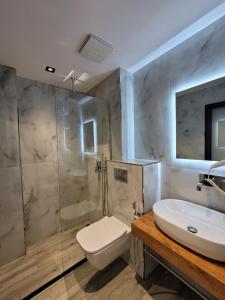 a bathroom with a sink and a toilet and a shower at Hotel Siars in Ksamil