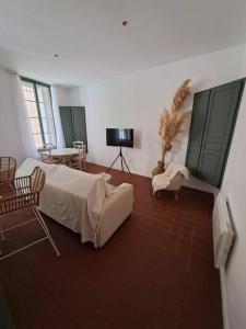 a bedroom with a bed and a table and a tv at hypercentre, appartement coquet en rez-de-chaussée in Perpignan