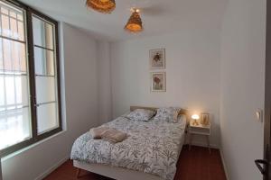 een slaapkamer met een bed en een raam bij hypercentre, appartement coquet en rez-de-chaussée in Perpignan