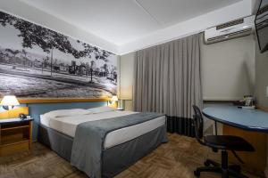 um quarto de hotel com uma cama e uma secretária em Brivali Hotel Centro em Caçador