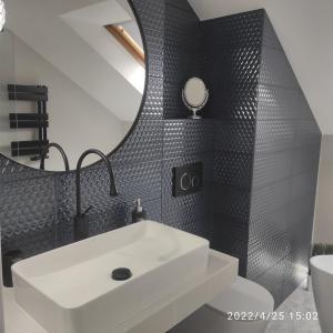 a bathroom with a white sink and a mirror at Harmonica PREMIUM in Nowy Sącz