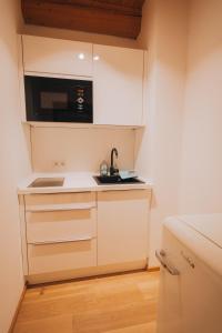 eine kleine Küche mit einer Spüle und einer Mikrowelle in der Unterkunft Gut Buchenhof in Buchenberg