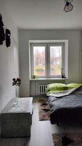 sypialnia z 2 łóżkami i oknem w obiekcie Apartament nad fontanną w mieście Rzeszów