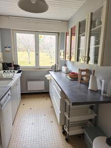 a kitchen with a large counter and a window at LE GITE DE BRI in Orbey