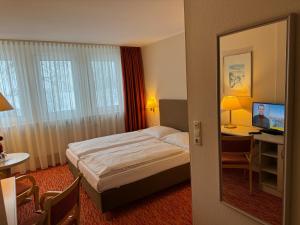 um quarto de hotel com uma cama e uma secretária em Mueßer Hof em Schwerin