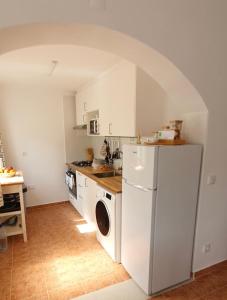 a kitchen with a white refrigerator and a sink at Casa Dos Olivais - Tomar in Tomar