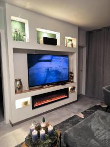 un soggiorno con TV e camino di Harz-High-End-Ferienwohnung-Nicholas a Hahnenklee-Bockswiese