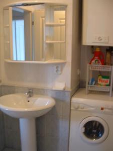 uma casa de banho com um lavatório e uma máquina de lavar roupa em Nice Apartments Prague em Praga