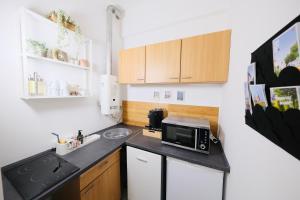 eine kleine Küche mit einer Spüle und einer Mikrowelle in der Unterkunft Modernes Studio-Apartment zentral gelegen in Hannover
