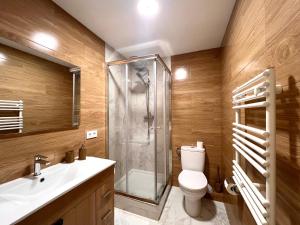 uma casa de banho com um chuveiro, um WC e um lavatório. em Apartament Les Vernedes em Sort