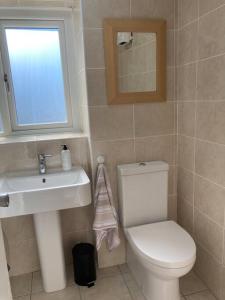 a bathroom with a toilet and a sink and a mirror at Comfy 1 bedroom flat with free parking in Glasgow