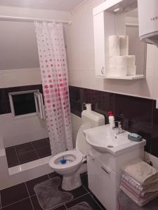 y baño con aseo blanco y lavamanos. en Apartman Danica Foča, en Foča
