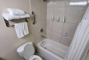a bathroom with a shower and a toilet and a tub at Ramada by Wyndham Houston Intercontinental Airport East in Humble