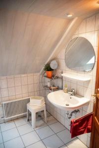 a bathroom with a sink and a mirror at Ekenhoff in Moorweg