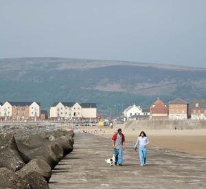 a man and a woman walking a dog on the beach at Pentyla by StayStaycations in Port Talbot