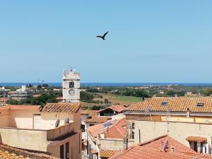 a bird flying over a city with a clock tower at Camera Torre Panoramic in Montalto di Castro