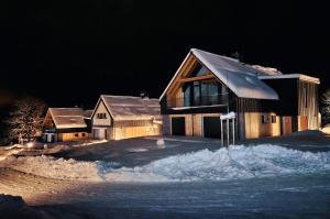 a house at night with snow in front of it at Panorama Chlum Resort - Apartmán 2kk, 701 in Volary