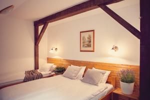 2 łóżka w pokoju z drewnianymi belkami stropowymi w obiekcie Hotel Górski Czarna Góra w Stroniu Śląskim