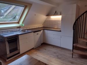 una pequeña cocina con fregadero y ventana en Ferienwohnung am Stadtgarten, en Meisenheim