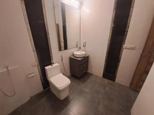 a bathroom with a toilet and a sink and a mirror at Hotel Diamond Airport in New Delhi