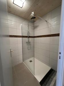 una doccia con una porta in vetro in un bagno di NEUF chalet 2p Le Suet JACUZZI privatif a Entremont Altre 16 foto