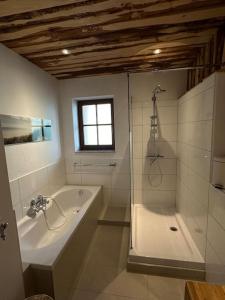 a bathroom with a shower and a tub and a sink at Typical home in the Black Forest in Bad Wildbad