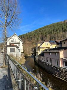 einen Fluss in einer Stadt mit Häusern und einer Brücke in der Unterkunft Typical home in the Black Forest in Bad Wildbad