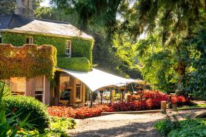 a building with a white umbrella in a garden at Milsoms in Dedham