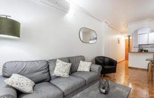Sala de estar con sofá gris y espejo en Awesome Apartment In Torrevieja, en Torrevieja