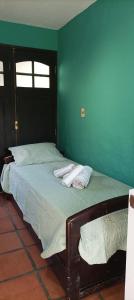 Hostal Pino Alto في بينار: سريرين في غرفة بجدران خضراء