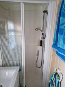 d'une douche avec une porte en verre à côté d'un lavabo et de toilettes. dans l'établissement Eden Caravan Hideaway, à Morecambe