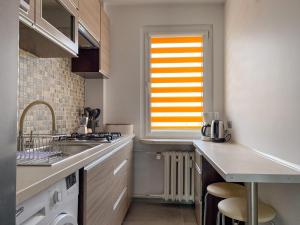 una pequeña cocina con fregadero y ventana en Apartament Iga, en Opole