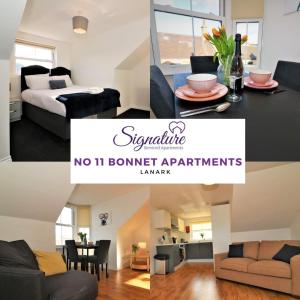 a collage of photos of a bedroom and a living room at Signature - No 11 Bonnet Apartments in Lanark