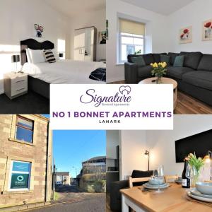 a collage of three pictures of a room at Signature - No 1 Bonnet Apartments in Lanark