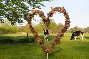 a heart shaped sign in a field with two cows at Tinyhouse De Woord in Corle +2 photos