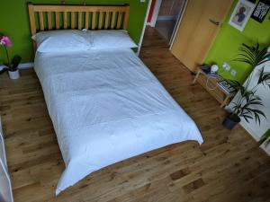 a large bed in a bedroom with a green wall at Cheersome in London