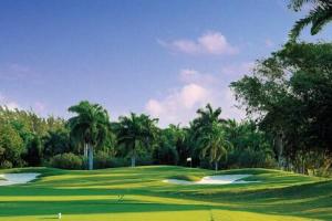 a green golf course with palm trees in the background at Hospitality Expert Madonna Tour Pool Bar Beach in Montego Bay