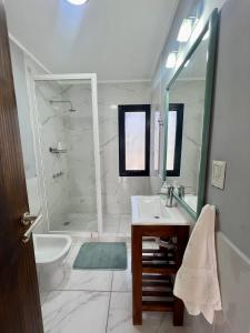ein Bad mit einer Dusche, einem Waschbecken und einem WC in der Unterkunft Refugio del Pescador in Esquel