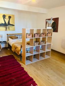 een kamer met een bed en een boekenplank bij No 14 , 15 meters plein centre Mirepoix apartment Très Calme Netflix ,Terrace Sleeps 4 70 m2 in Mirepoix
