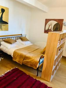 een slaapkamer met een bed en een boekenplank bij No 14 , 15 meters plein centre Mirepoix apartment Très Calme Netflix ,Terrace Sleeps 4 70 m2 in Mirepoix
