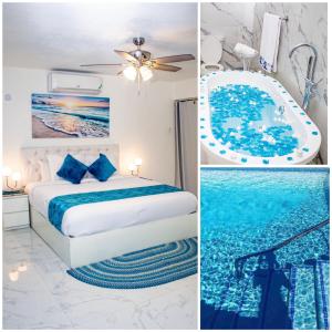 um quarto de hotel com uma cama e uma banheira em Blue waters at runaway bay em Runaway Bay