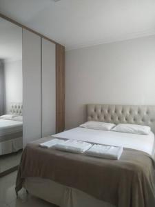 1 dormitorio con 1 cama grande y 2 almohadas en apartamento alto padrão (centro), en Ubá