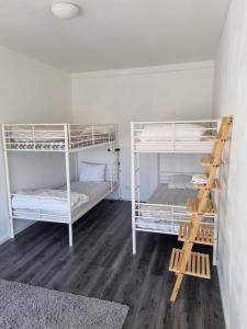 トーシュビューにあるTorsby Vandrarhemの二段ベッド3組とはしごが備わるお部屋です。