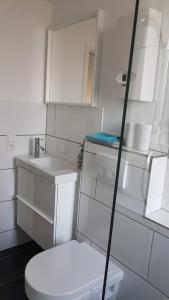 a small white bathroom with a toilet and a sink at FEWO Solingen Abendstrasse in Solingen +36 photos