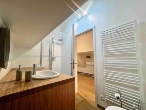 a bathroom with a sink and a shower at Le contemporain - Plein centre, place du Marché in Liège +24 photos