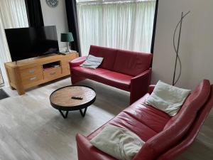 a living room with a red couch and a tv at Vosseveen 62 in Zelhem